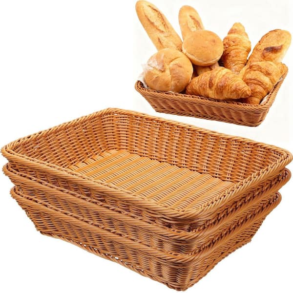 Durable Brown Neutral Tone Poly Wicker Rattan Food Serving Basket, for Food Fruit Vegetables Decorative (3-Piece Set)