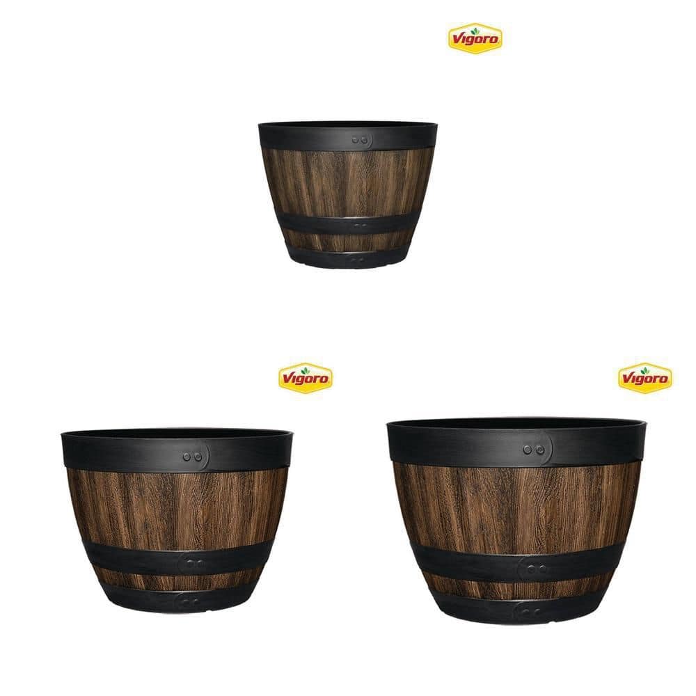 Vigoro Reedley Kentucky Walnut Brown Resin Wine Barrel Planter