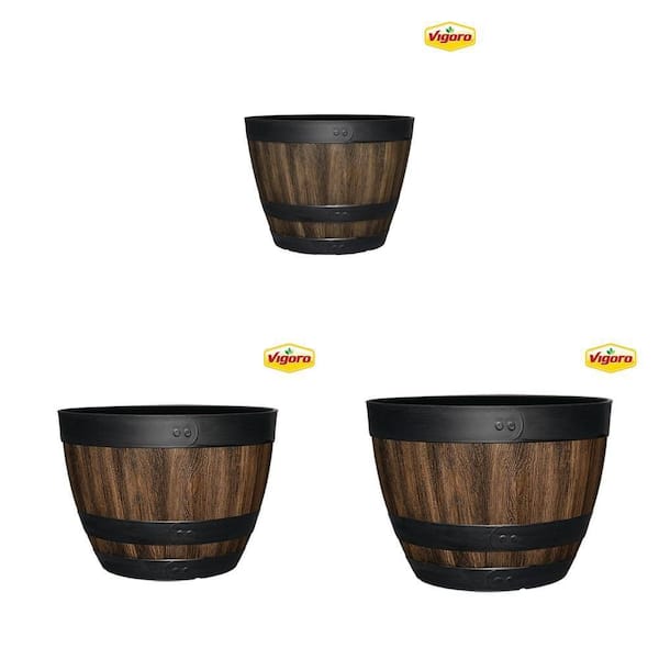 Reedley Kentucky Walnut Brown Resin Wine Barrel Planter Combo, 3 Pc (20", 16", 12.8" sizes)