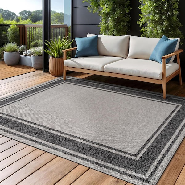 Essence Silver/Black 9 ft. x 12 ft. Bordered Easy to Clean Indoor Outdoor Area Rug
