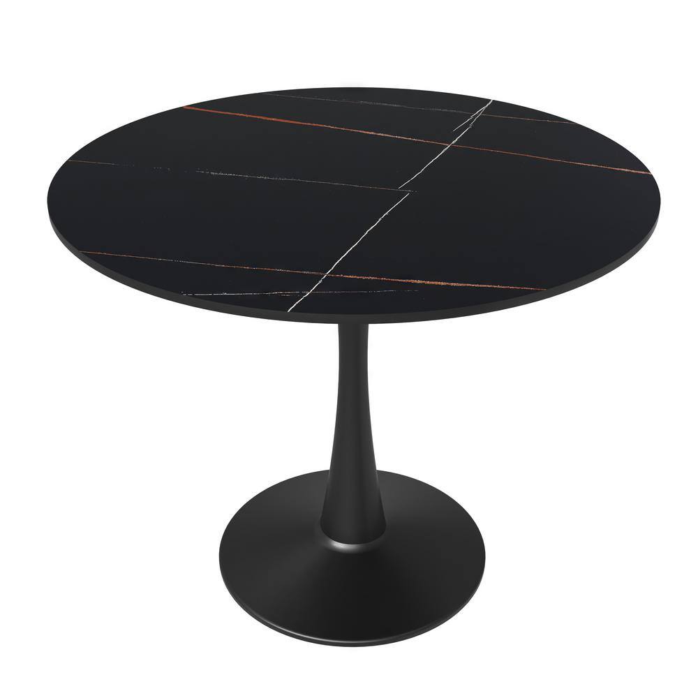 Bristol 35" Round Black Sintered Stone Dining Table with Steel Base