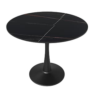 Round Black Sintered Stone 35.46 in. Tabletop with a Black Steel Pedestal Base Dining Table Seats 4