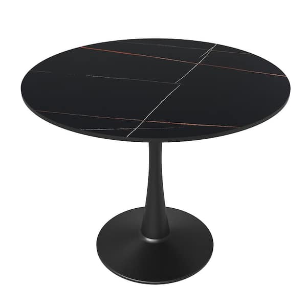 Leisuremod Round Black Sintered Stone 35.46 in. Tabletop with a Black Steel Pedestal Base Dining Table Seats 4