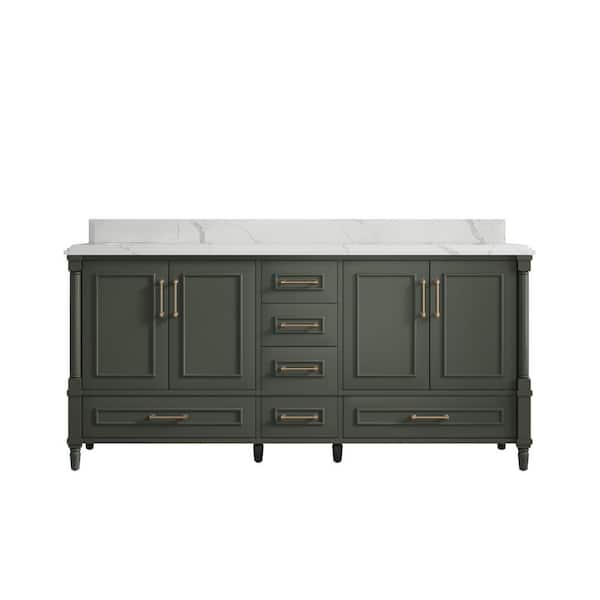 Willow Collections Hudson 72 in. W x 22 in. D x 36 in. H Double Sink Bath Vanity in Pewter Green with Cove Edge Calacatta Quartz Top