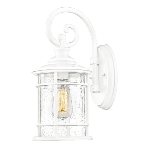JAZAVA 1-Light White Outdoor Lantern Wall Light Sconce With Seeded Glass Shade