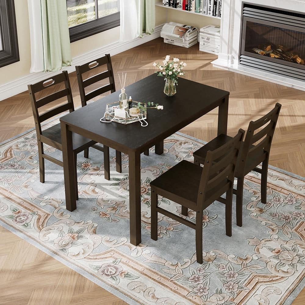 5-Piece Rectangular Natural Wood Grain Top Dining Table Set in Dark Walnut Seats 4