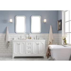 Queen 60 in. Pure White With Quartz Carrara Vanity Top With Ceramics White Basins and Mirror and Faucet