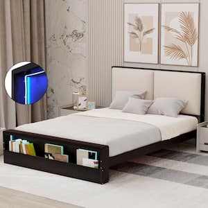 Espresso Brown Wood Frame Queen Size Platform Bed with Upholstered Headboard, Bookshelf with LED Light in Footboard