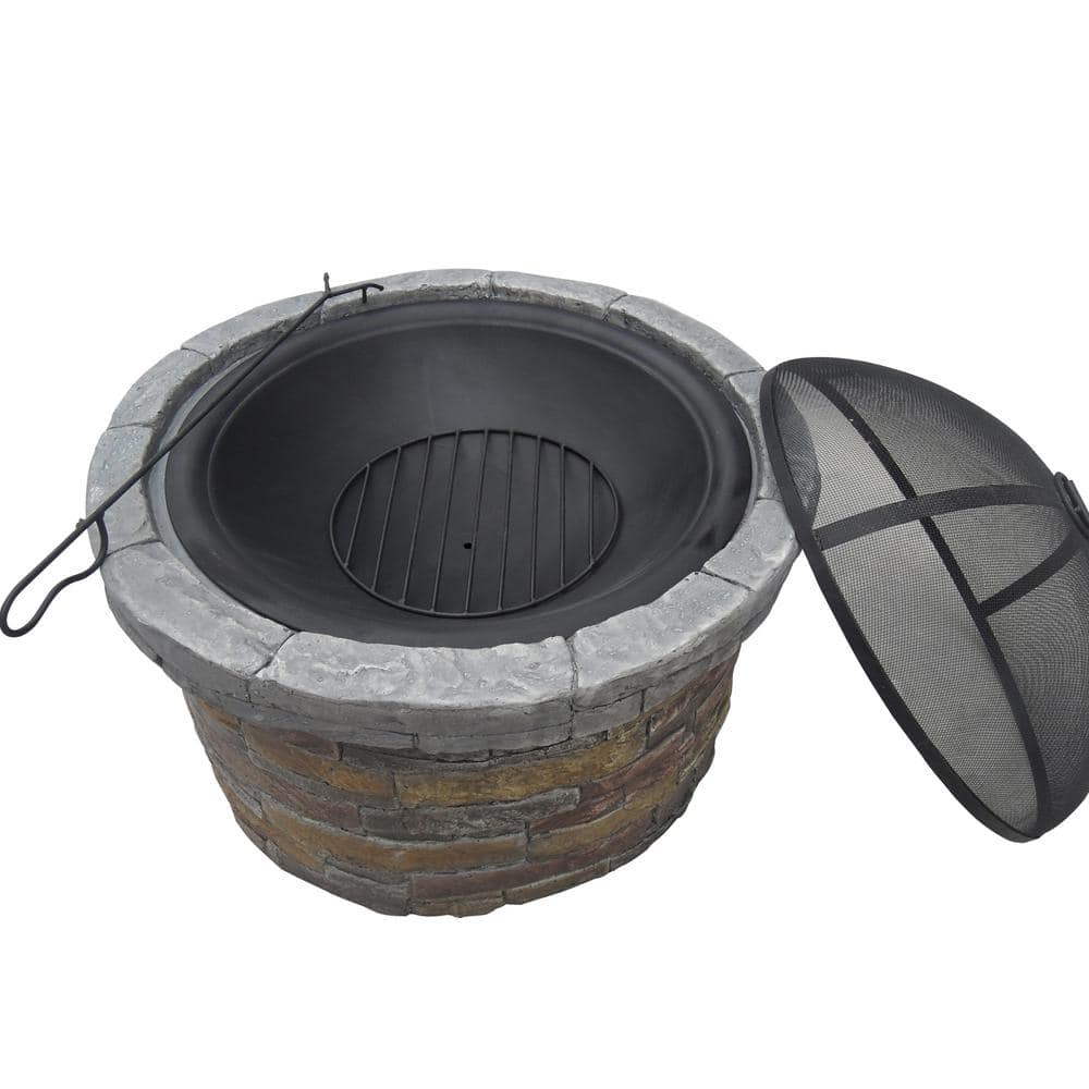 Round Faux Stone Outdoor Wood Burning Fire Pit with Steel Base