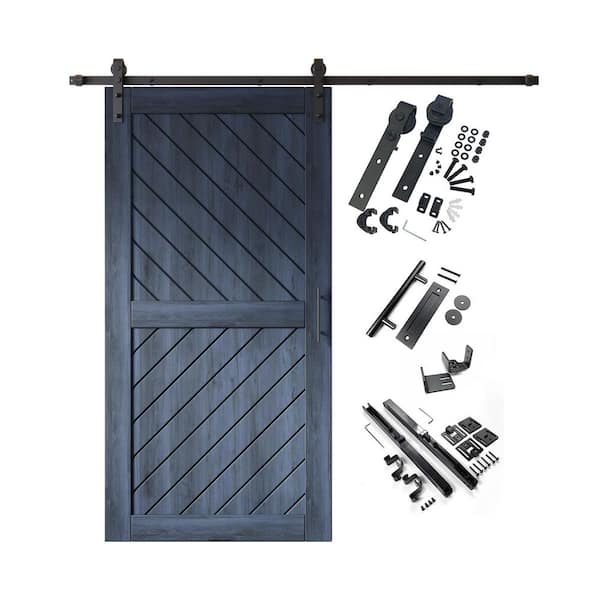 XT4 32 in. x 80 in. C-Panel Navy Slanted Stripe Design Solid Pine Wood Sliding Barn Door with Hardware Kit