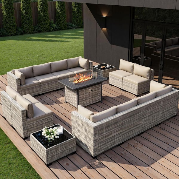 15-Piece Wicker Patio Conversation Set with 55,000 BTU Fire Pit Table and Glass Top Table with Beige Cushions