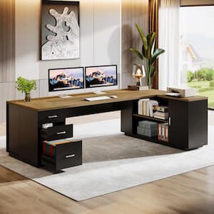 BYBLIGHT Capen 85.8" L-Shaped Light Brown and Black Wood Executive Desk