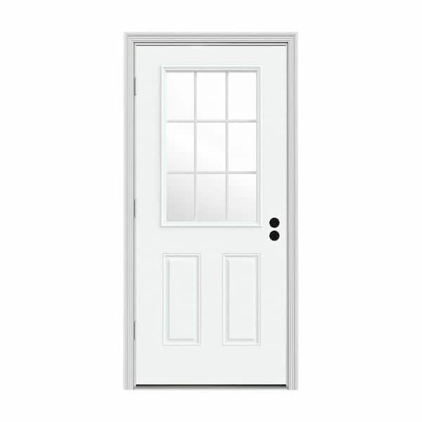 30 in. x 80 in. 9 Lite White Painted Steel Prehung Right-Hand Outswing Entry Door w/Brickmould