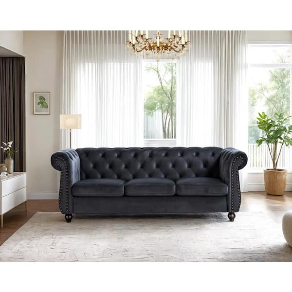 Chesterfield 83 inch Wide Rolled Arm Velvet Modern Rectangle Sofa in Black