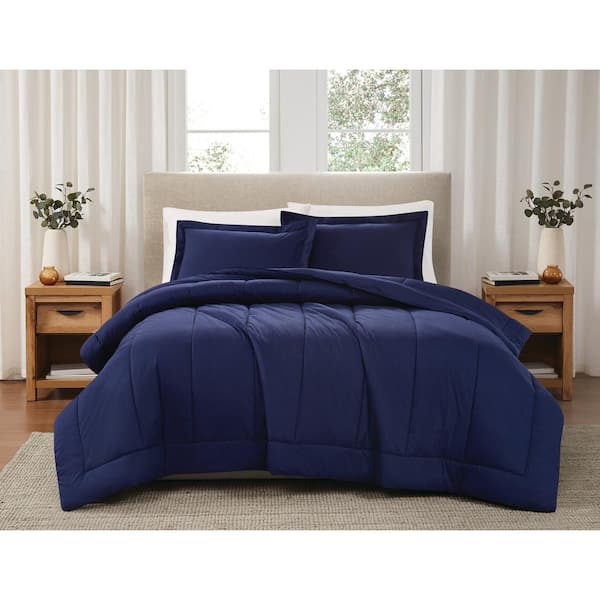 Brooklyn Loom 3-Piece Navy Solid Cotton Percale Full/Queen Comforter Set