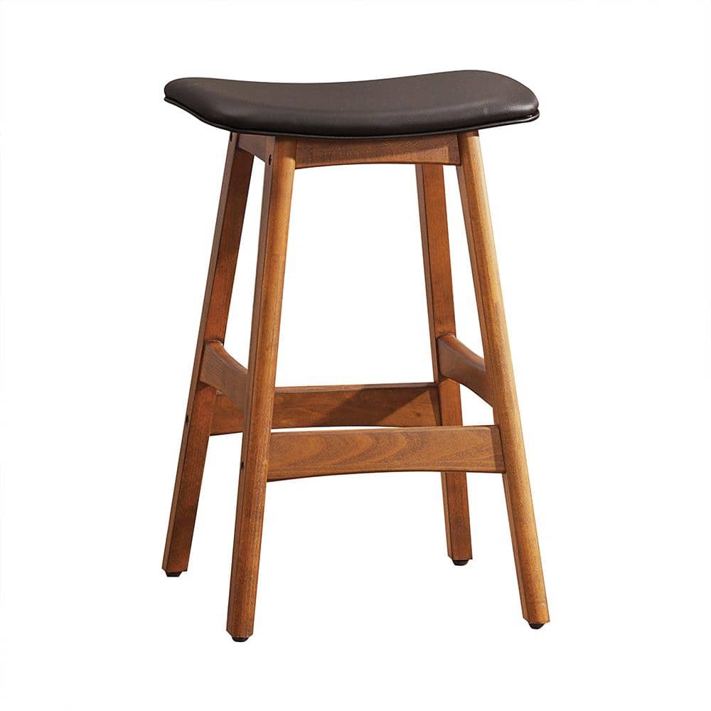 Brown Faux Leather Saddle Counter Stool with Walnut Wood Frame
