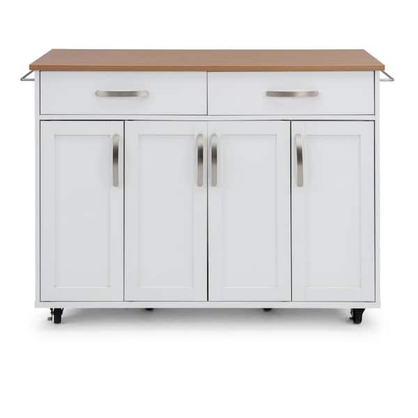 HOMESTYLES Brookshire White Kitchen Cart with Natural Wood Top