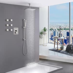 Thermostatic Single Handle 3-Spray Patterns Ceiling Mount Shower Faucet 5 GPM with Body Spray in Brushed Nickel