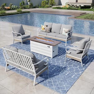 White 5-Piece Metal Outdoor Patio Conversation Seating Set with 50000 BTU Propane Fire Pit Table and Gray Cushions