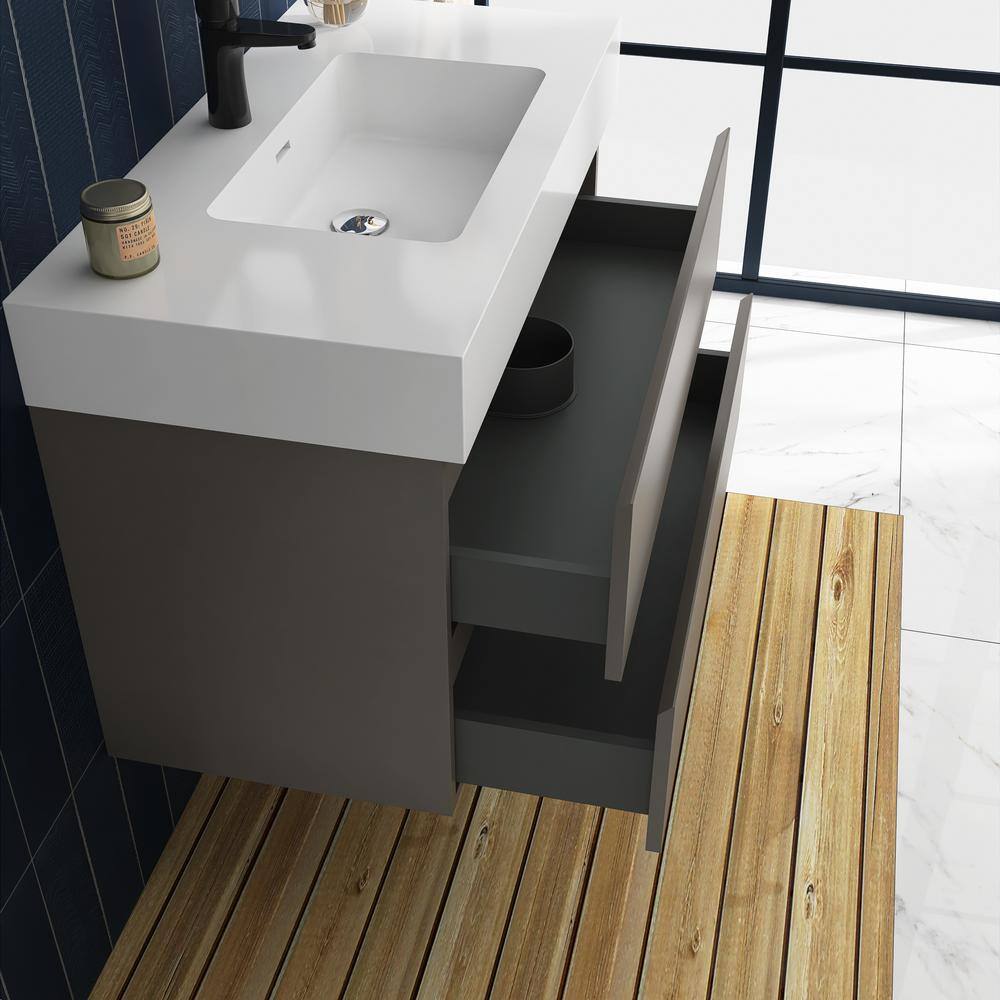 Grey Wall-Mounted Bathroom Vanity with White Resin Sink, 36"