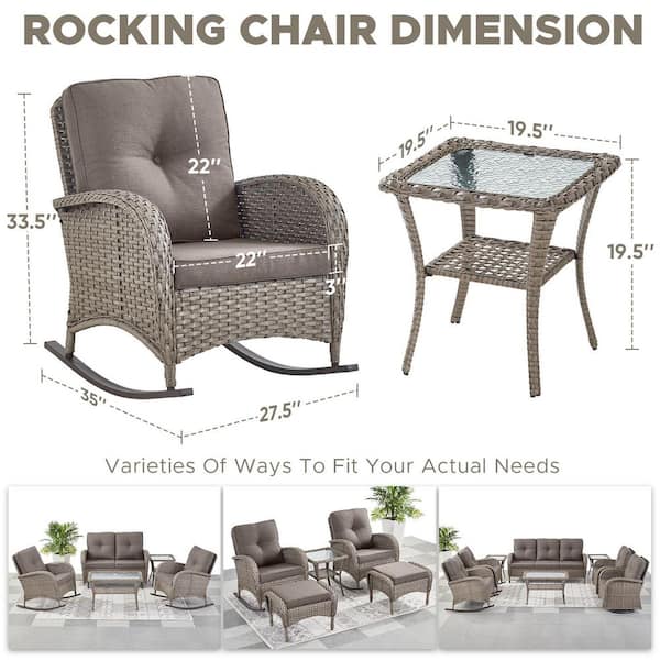 SleekArm Gray 3-Piece Wicker Outdoor Rocking Chair with Gray Cushions and Side Table Patio Rockers Poolside