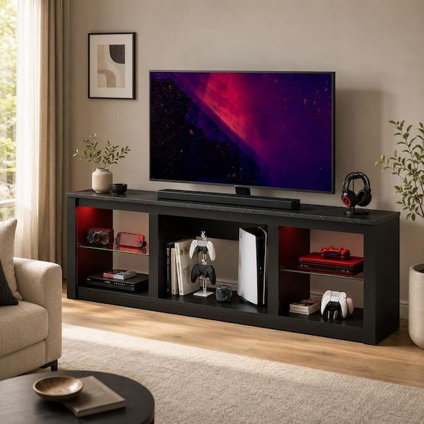 70 in. Black Marble Color TV Stand Fits TV's up to 75 in. with Tempered Glass Shelves LED Lights and Large Open Storage