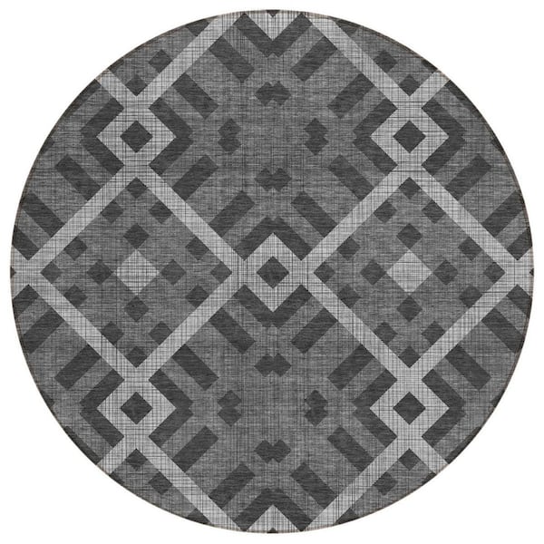 Charcoal, Gray, Silver 8 ft. Round Woven Geometric Polyester Round Indoor / Outdoor Area Rug
