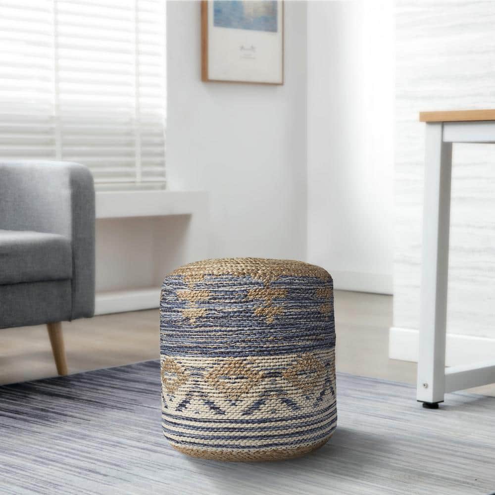 Natural Navy Jute Round Pouf with Geometric Pattern