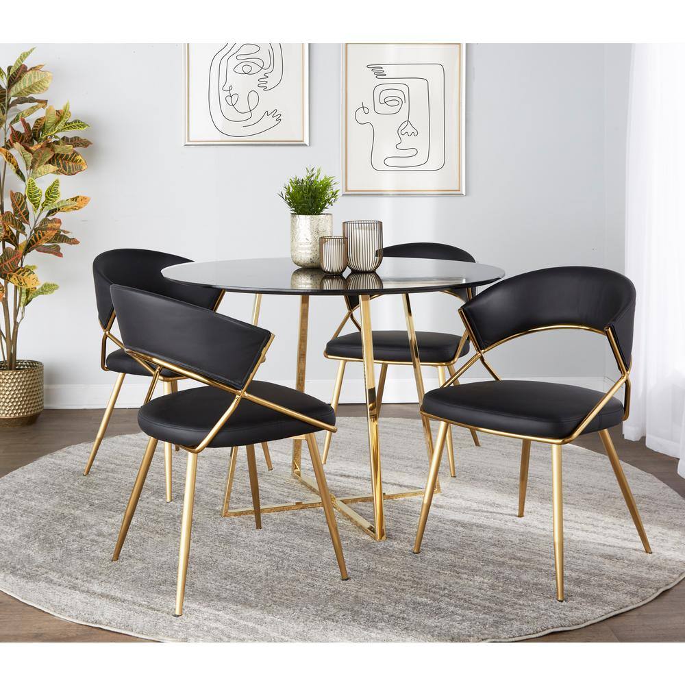 Black Faux Leather and Gold Metal Dining Side Chair Set