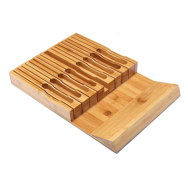 16-Knife In-Drawer Bamboo Knife Storage Organizer with Knife Sharpener Slot, Keeps Knives Secure