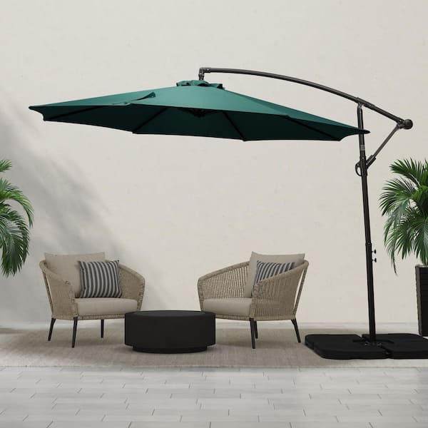 Bayshore Outdoor 10 ft. Hanging Offset Cantilever Patio Umbrella with Easy Crank Lift and Cross Base in Dark Green
