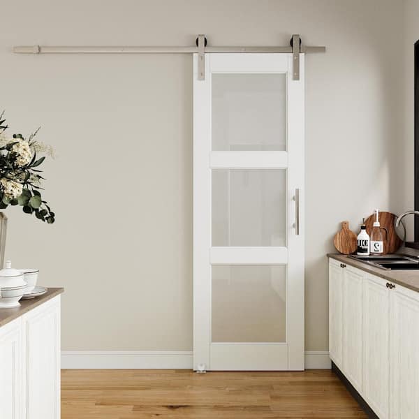 28 in. x 80 in. 3 Lite Frosted Glass White Primed MDF Sliding Barn Door with Hardware Kit Nickel Plated