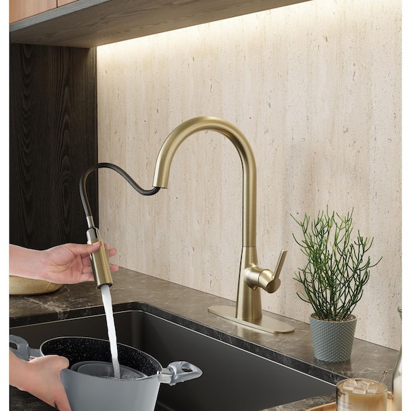 ANZZI Modern Satin Brass 15.86 in. H Pull-Down Kitchen Faucet with