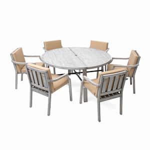 7 Piece Antique Gray Frame Wood Outdoor Dining Set with an Umbrella Hole and Light Brown Cushions for Garden Patio