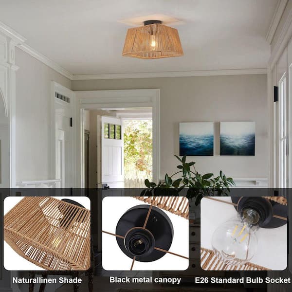 PAKOKULA Farmhouse 14 in. 1-Light Black Boho Flush Mount Ceiling