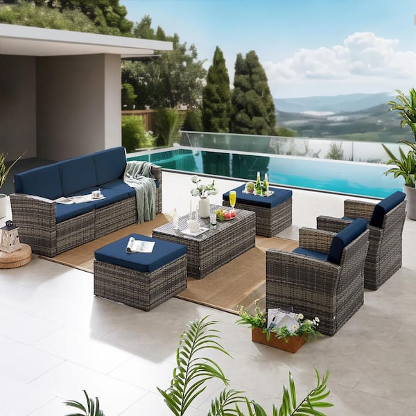 Zeus & Ruta 6Pieces Navy Blue Wicker Furniture Sets Outdoor