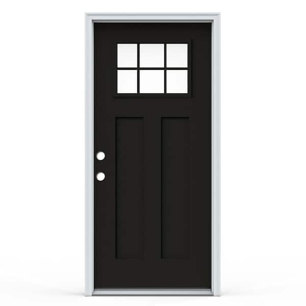 JELD-WEN 36 in. x 80 in. 2-Panel Right Hand Inswing 6-Lite Clear Black Fiberglass Prehung Front Door with Brickmould