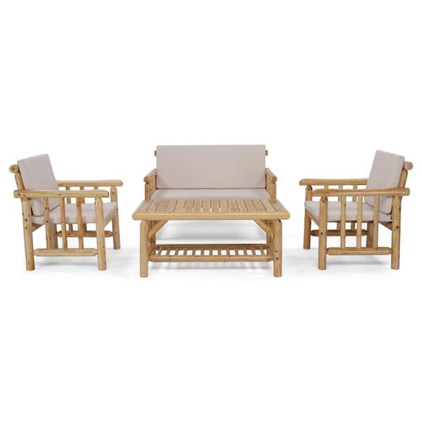 Natural 4-Piece Wood Patio Conversation Set with Beige Cushions