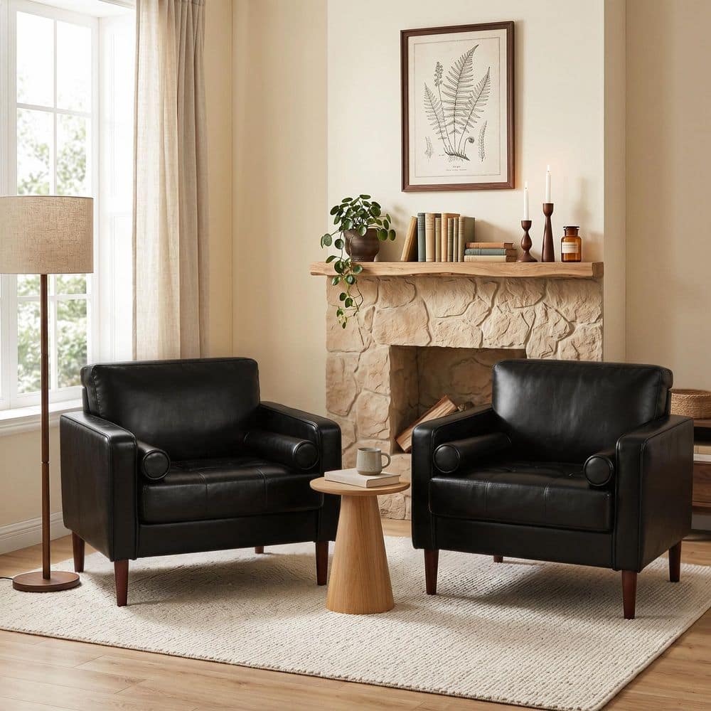 Mid-Century Modern Black PU Leather Upholstery Arm Chair with Wood Legs (Set of 2) price history on PriceWatchPro