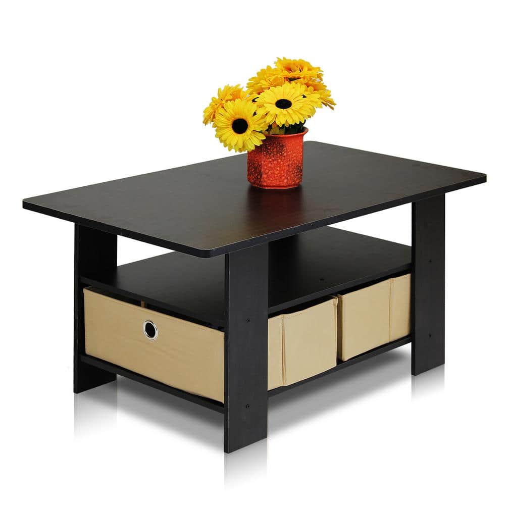Espresso Brown Rectangular Wood Coffee Table with Storage