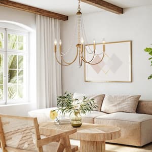 Modern Dining Room Chandelier Light 5-Light Brushed Gold Candlestick Chandelier with Weathered White Wood Beads