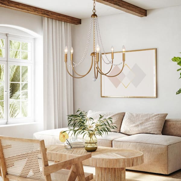 Modern Dining Room Chandelier Light 5-Light Brushed Gold Candlestick Chandelier with Weathered White Wood Beads