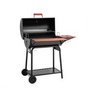 Barrel Charcoal Grill with Wood-Painted Side and Front Table, for Picnic, Camping, Patio Backyard Cooking in Black