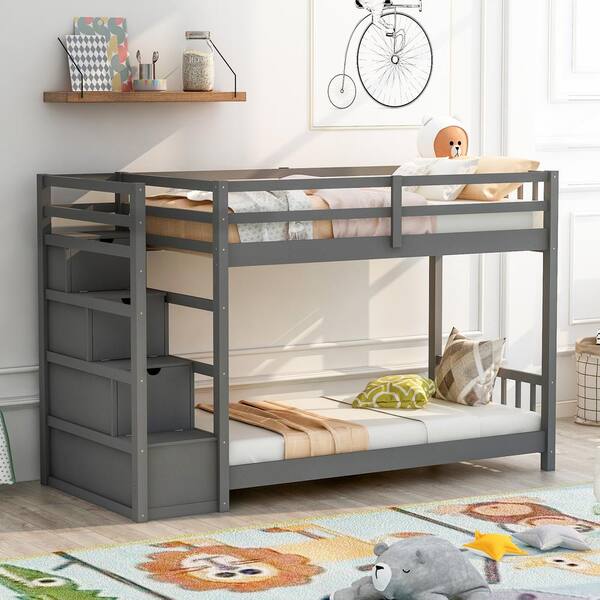 Anbazar Gray Quad Bunk Beds For 4 Twin, Double Bunk Beds With Storage