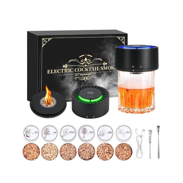 Kit Black Wood Electric Whiskey Smoker Cocktail Smoker Kitchen Tool with 6 Flavored Wood Chips for Home Bar