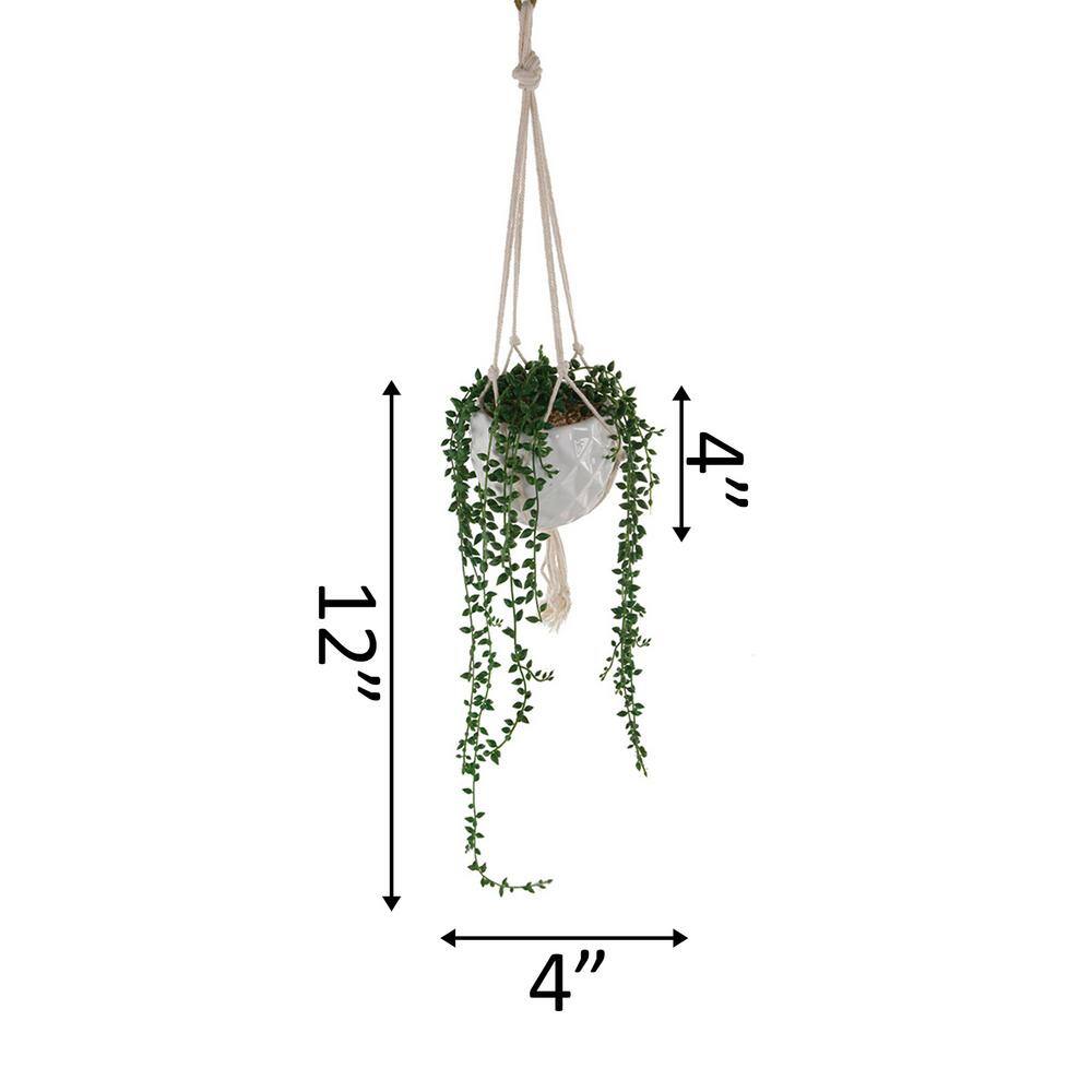 White Ceramic Macrame Hanging Planter with Faux Green Succulent