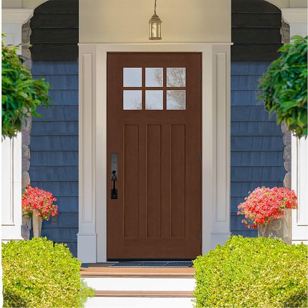 Regency 32 in. x 80 in. 6-Lite Top Lite Clear Glass LHOS Chestnut Stain Mahogany Fiberglass Prehung Front Door