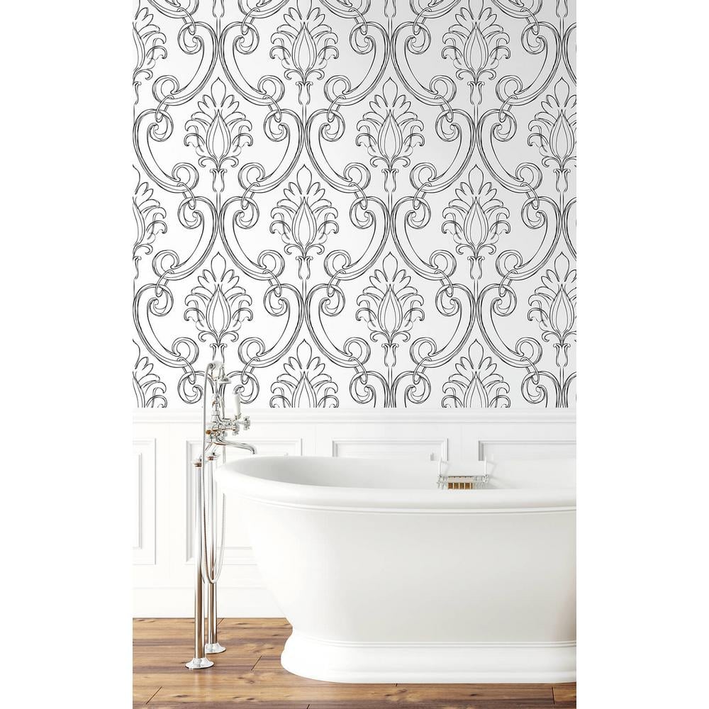 Ebony and White Damask Peel and Stick Wallpaper