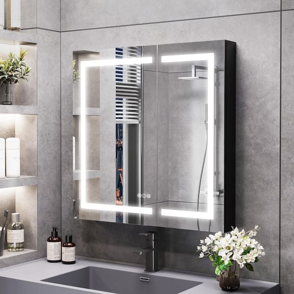 32 in. W x 32 in. H Rectangular Aluminum Recessed or Surface Mounted LED Lights Medicine Cabinet with Mirror in Black