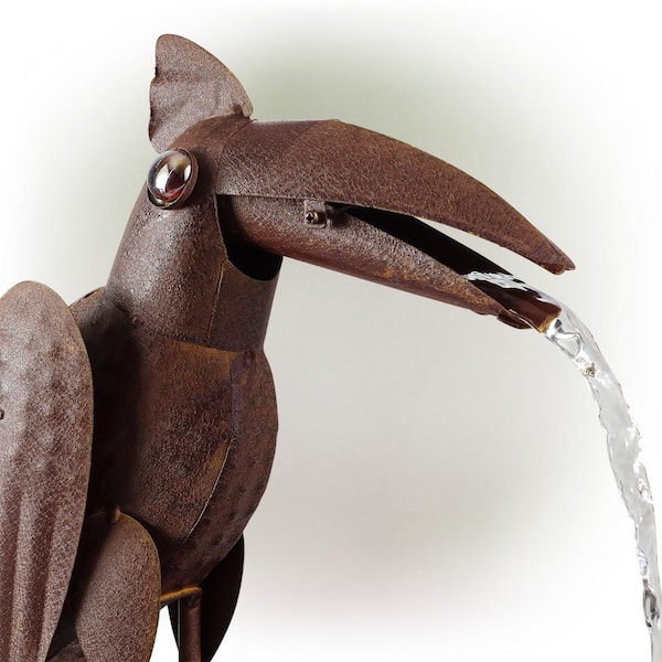 Alpine Corporation - 16 in. Tall Indoor/Outdoor Rustic Metal Toucan Water Fountain Yard Statue Decoration, Brown